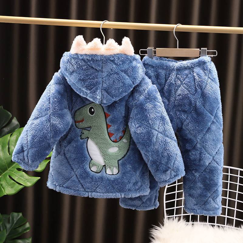 冬季儿童睡衣珊瑚绒冬款女童带帽男童男孩加绒加厚法兰绒家居服