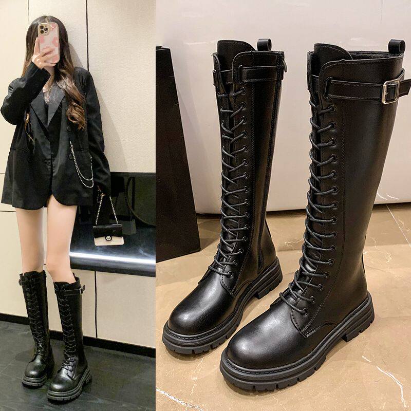 秋冬新款韩版长筒靴女英伦风前系带骑士靴时尚侧拉链机车皮靴