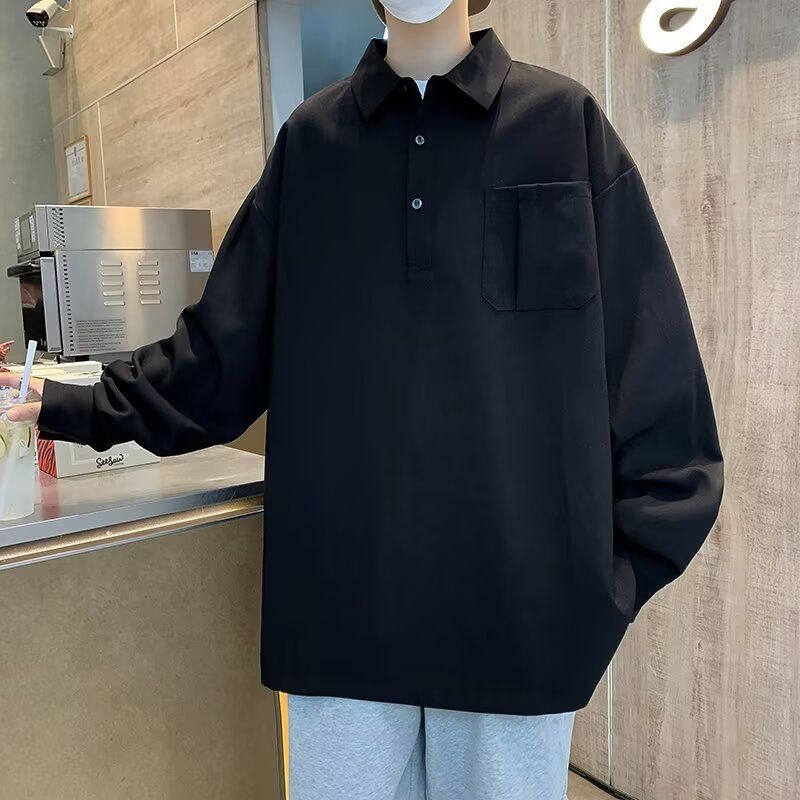 秋季新款POLO衫时尚潮流百搭帅气长袖翻领T恤男卫衣纯色