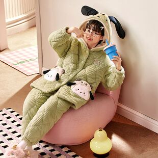 儿童睡衣女童女孩秋冬季三层夹棉家居服加绒加厚款新款库洛米