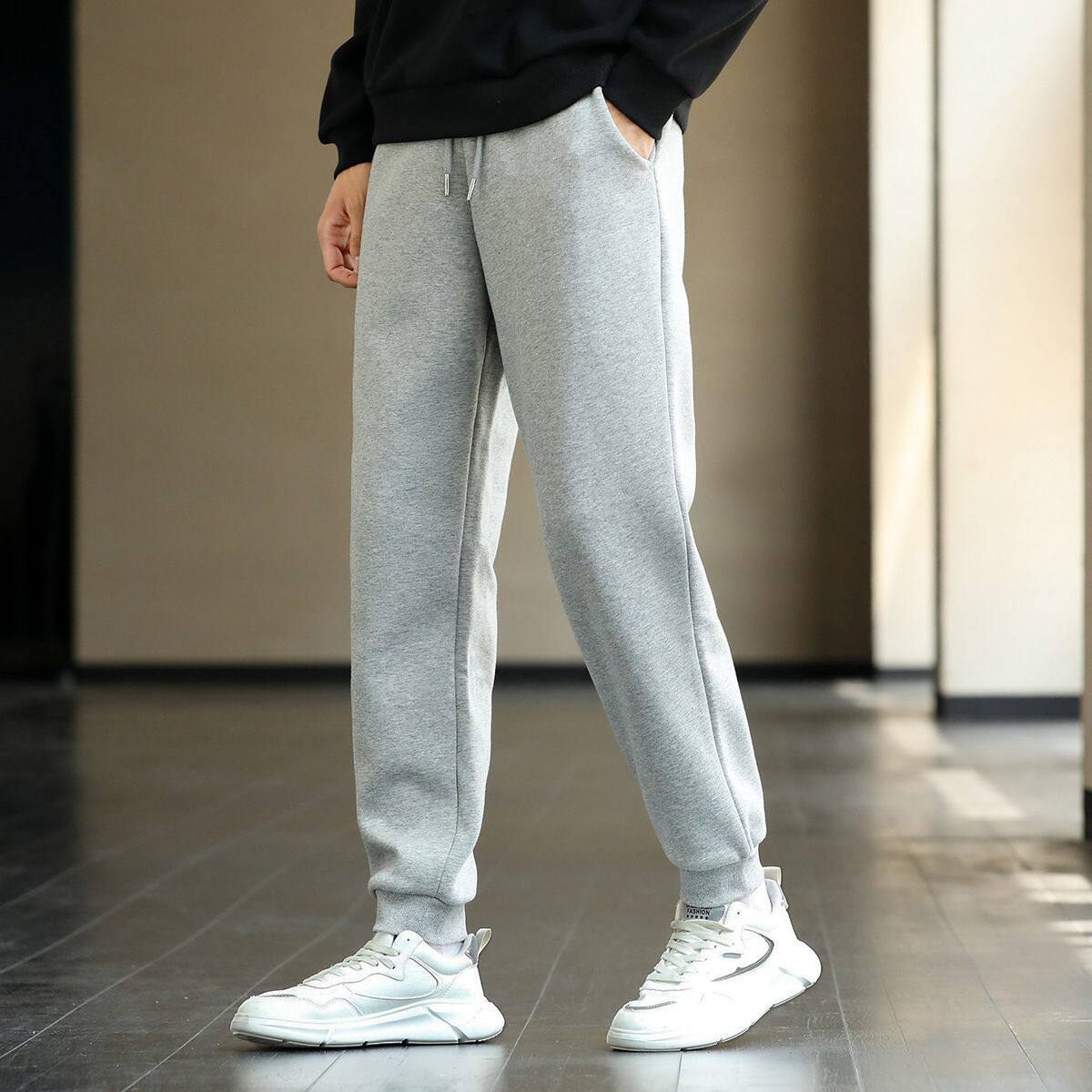 运动裤男秋冬款加绒纯色休闲裤舒适束脚卫裤加厚大码男裤