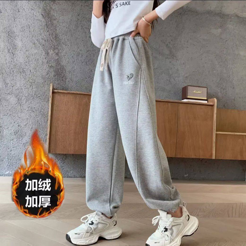 女童加绒裤子秋冬季202新款女大童一体绒卫裤儿童秋季加厚运动裤