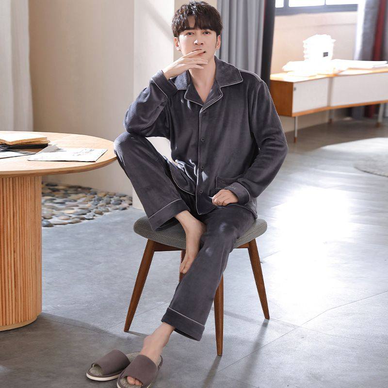 海岛绒睡衣男秋冬季保暖长款珊瑚绒家居服套装男士加绒睡衣舒适