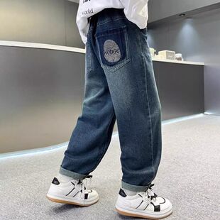 男童牛仔裤2026潮流中大童刺绣加绒运动裤男孩秋冬长裤儿童潮裤子