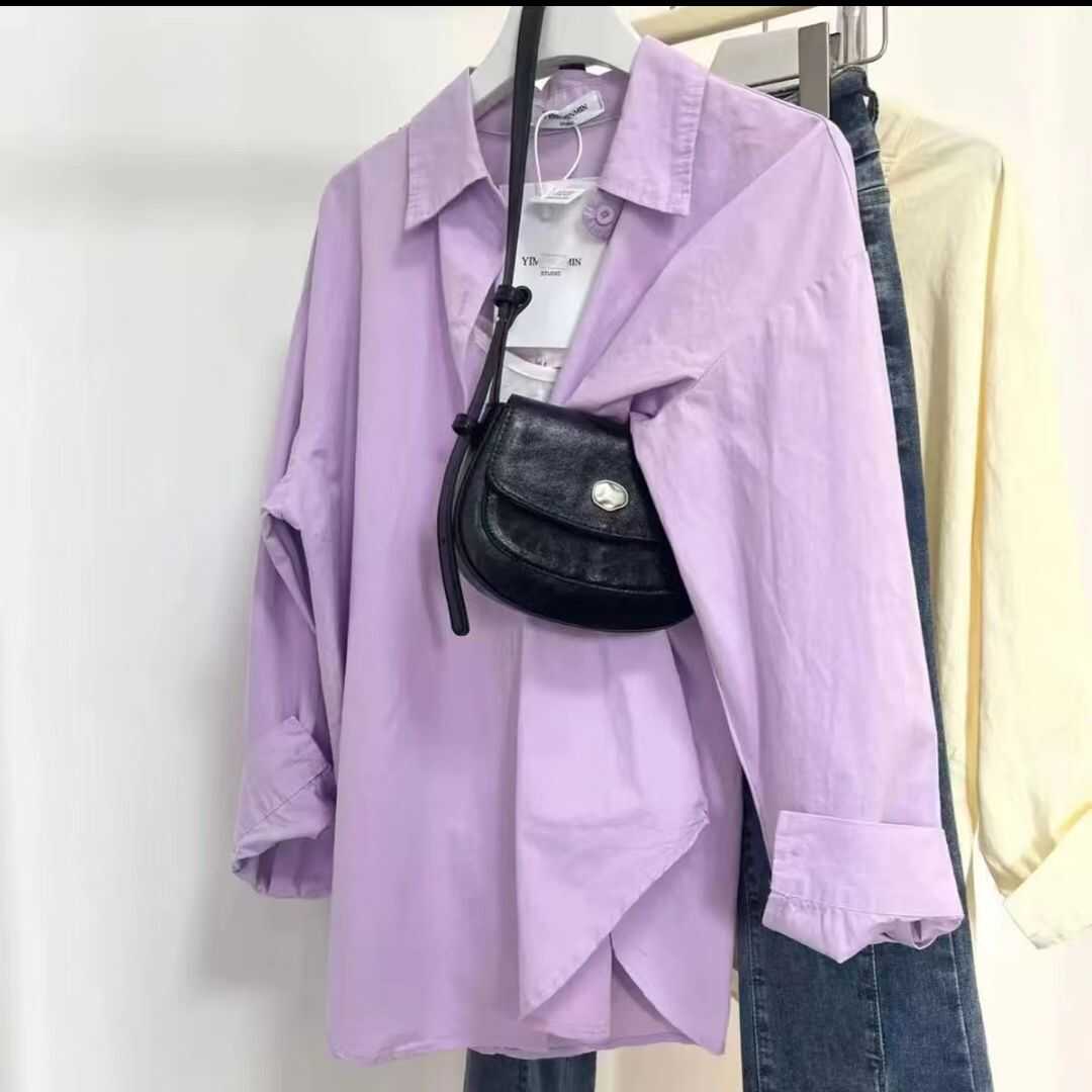紫色衬衫时尚宽松简约叠穿内搭翻领长袖衬衣女防晒衫2025早春新款