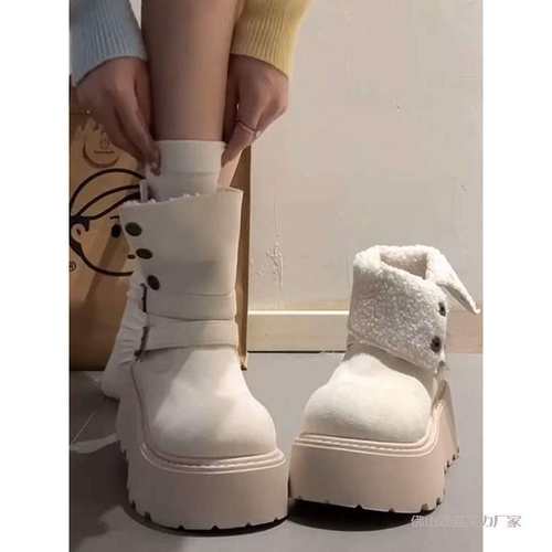 白色厚底雪地靴两穿马丁靴女2025秋冬新款加绒时装短靴防滑雪地靴