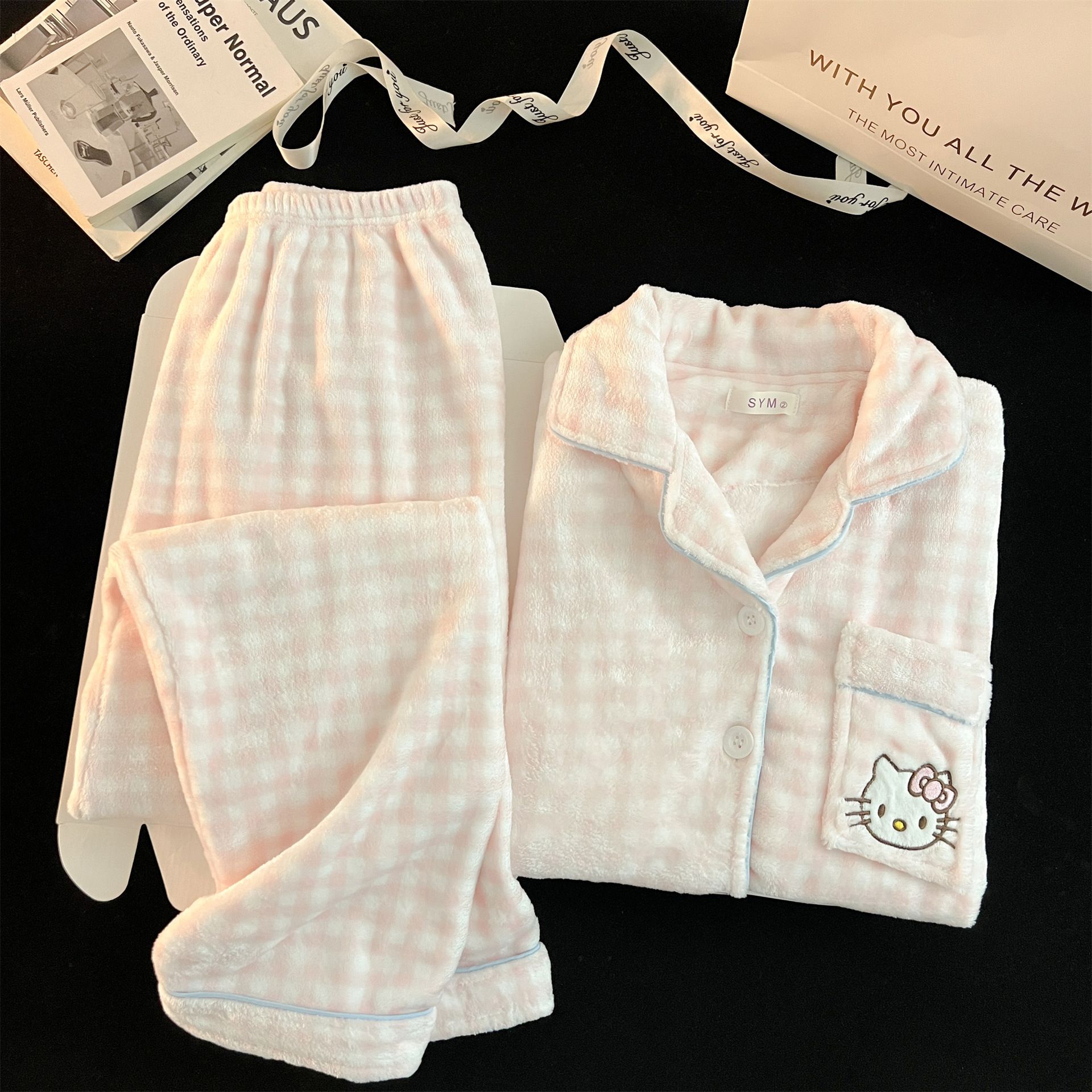 源头法兰绒睡衣女秋冬季加厚加绒保暖粉色格子家居服两件套装