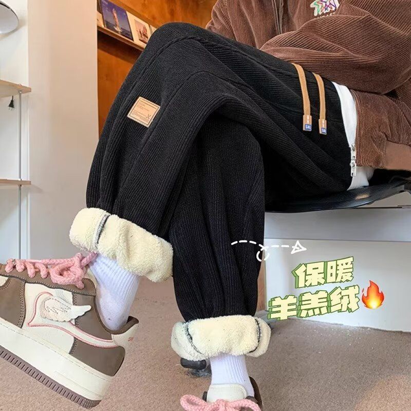 羊羔绒裤子男款秋冬季加绒加厚男士休闲长裤男束脚裤保暖卫裤