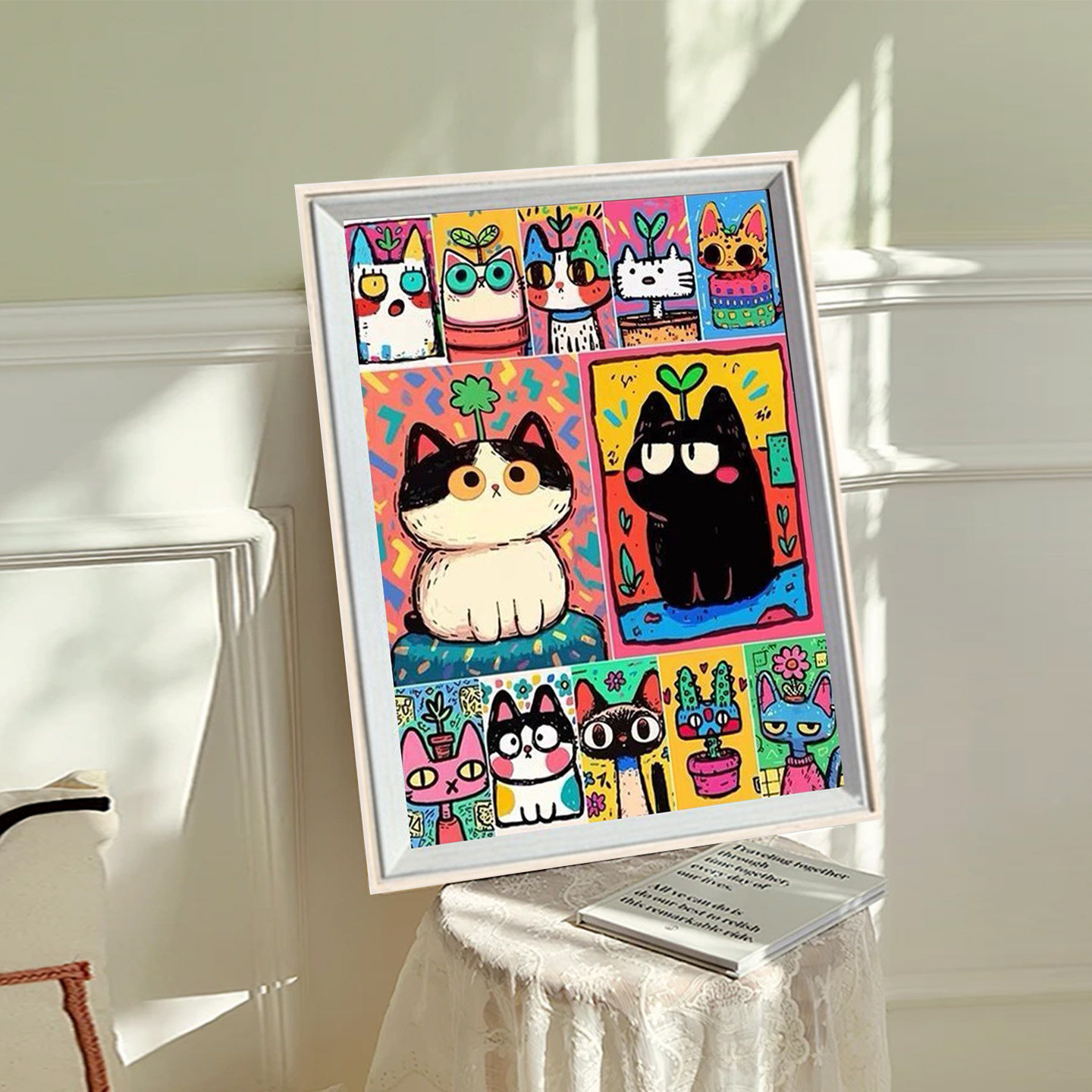 多巴胺涂鸦小猫5d钻石贴画手工diy满钻客厅过道装饰画十字绣带框