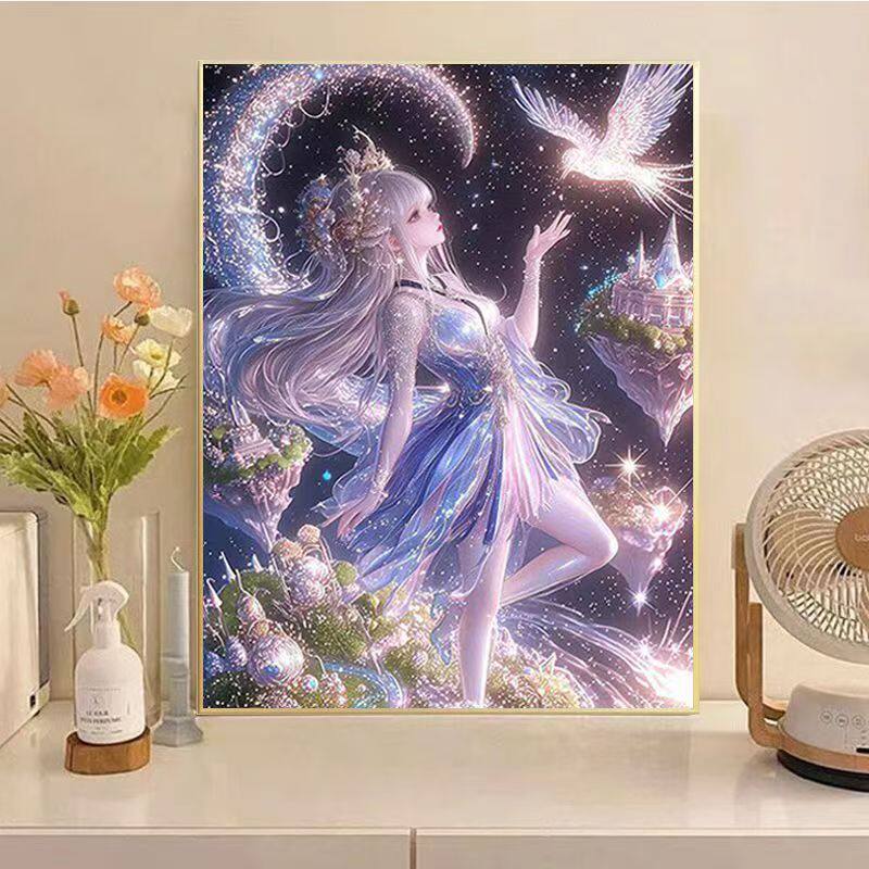 飞鸟与少女钻石画2026新款手工自己粘贴客厅卧室竖版卡通女孩贴钻