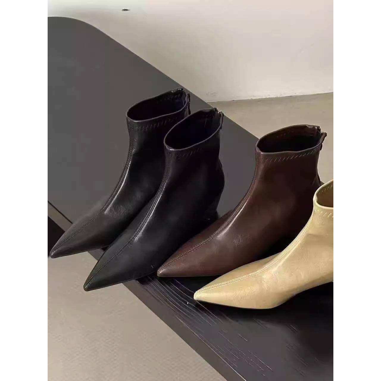 羊皮版！尖头短靴女秋冬新款配裙子瘦瘦靴小众高跟鞋法式细跟短靴