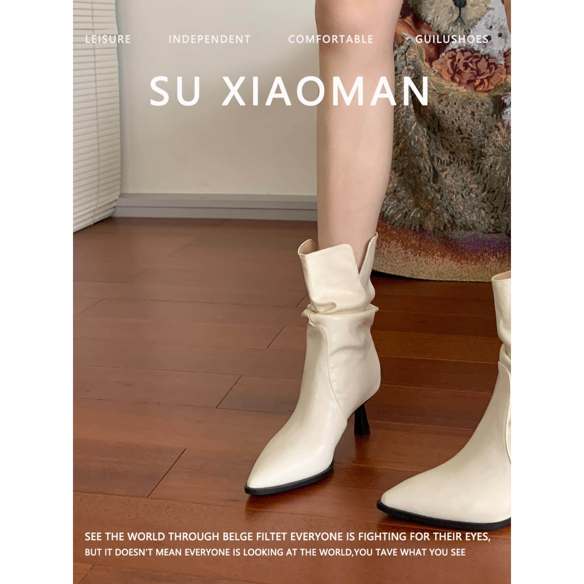 牛皮版！法式气质尖头高跟鞋短靴女不累脚2025新款白色细跟裸靴子