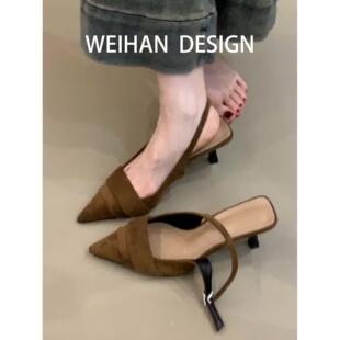 羊皮版！法式绝美绒面高跟鞋女尖头浅口一字扣带包头凉鞋细跟单鞋