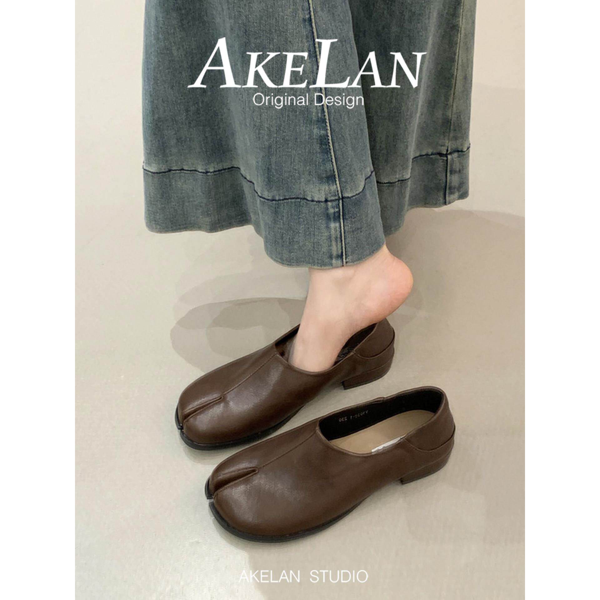 羊皮版~法式复古气质分趾猪蹄单鞋女春秋配裙子平底一脚蹬小皮鞋