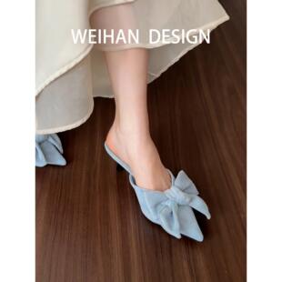 羊皮版！尖头蝴蝶结包头半拖鞋外穿气质配裙子猫跟绒面凉鞋不累脚