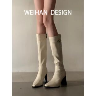 羊皮版！白色巨显瘦弹力瘦瘦靴女皮带扣高跟长筒靴英伦风骑士靴子