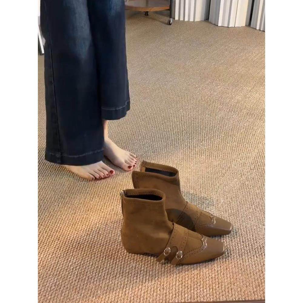 牛皮版~布洛克雕花小众方头小短靴女真皮拼接皮带扣后拉链瘦瘦靴