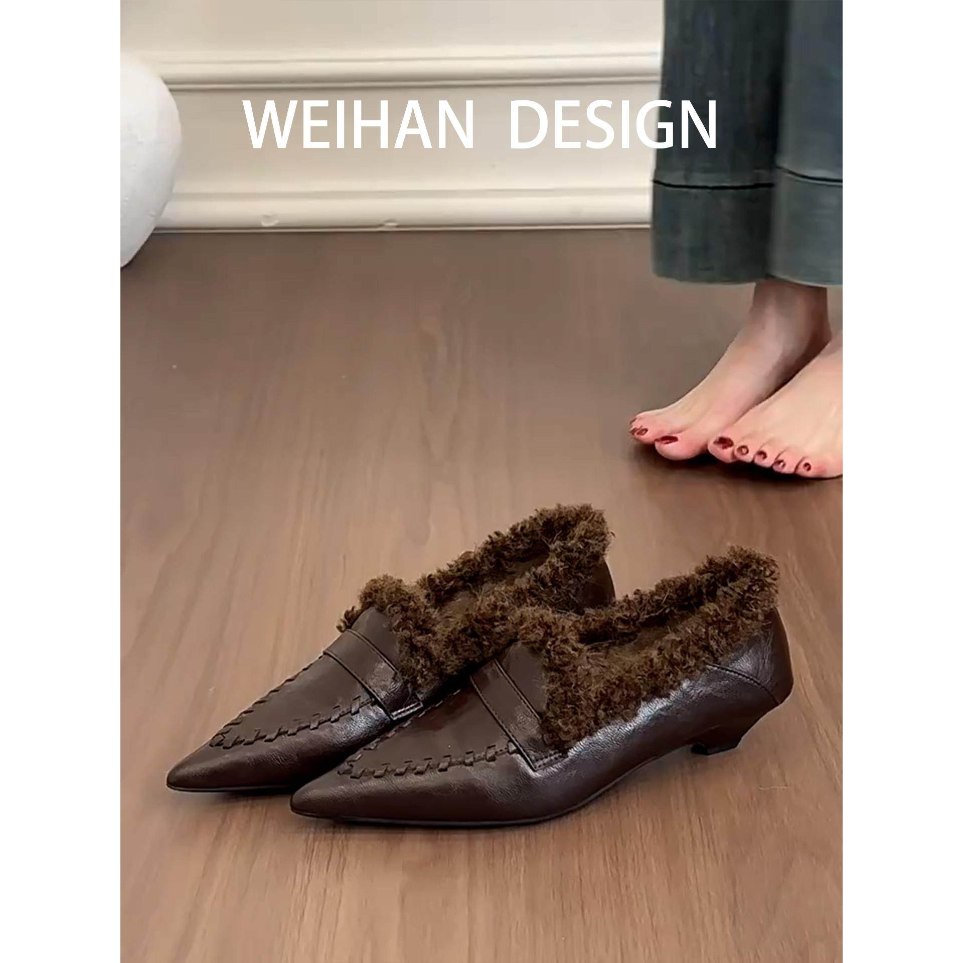 羊皮版！尖头保暖复古深口毛毛鞋女外穿包头低跟单鞋一脚蹬乐福鞋,女鞋,乐福鞋（豆豆鞋）,淘宝优惠券,粉丝福利购,淘宝优惠卷