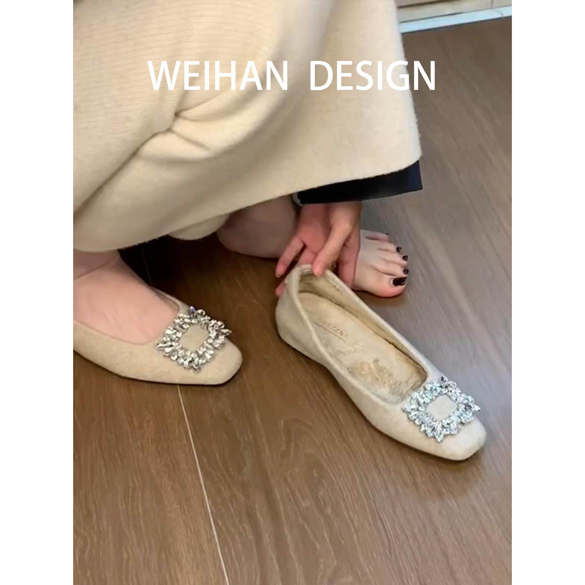 羊皮版！法式晚风水钻玛丽珍鞋女一脚蹬毛毛鞋加绒保暖平底棉单鞋,女鞋,玛丽珍鞋,淘宝优惠券,粉丝福利购,淘宝优惠卷