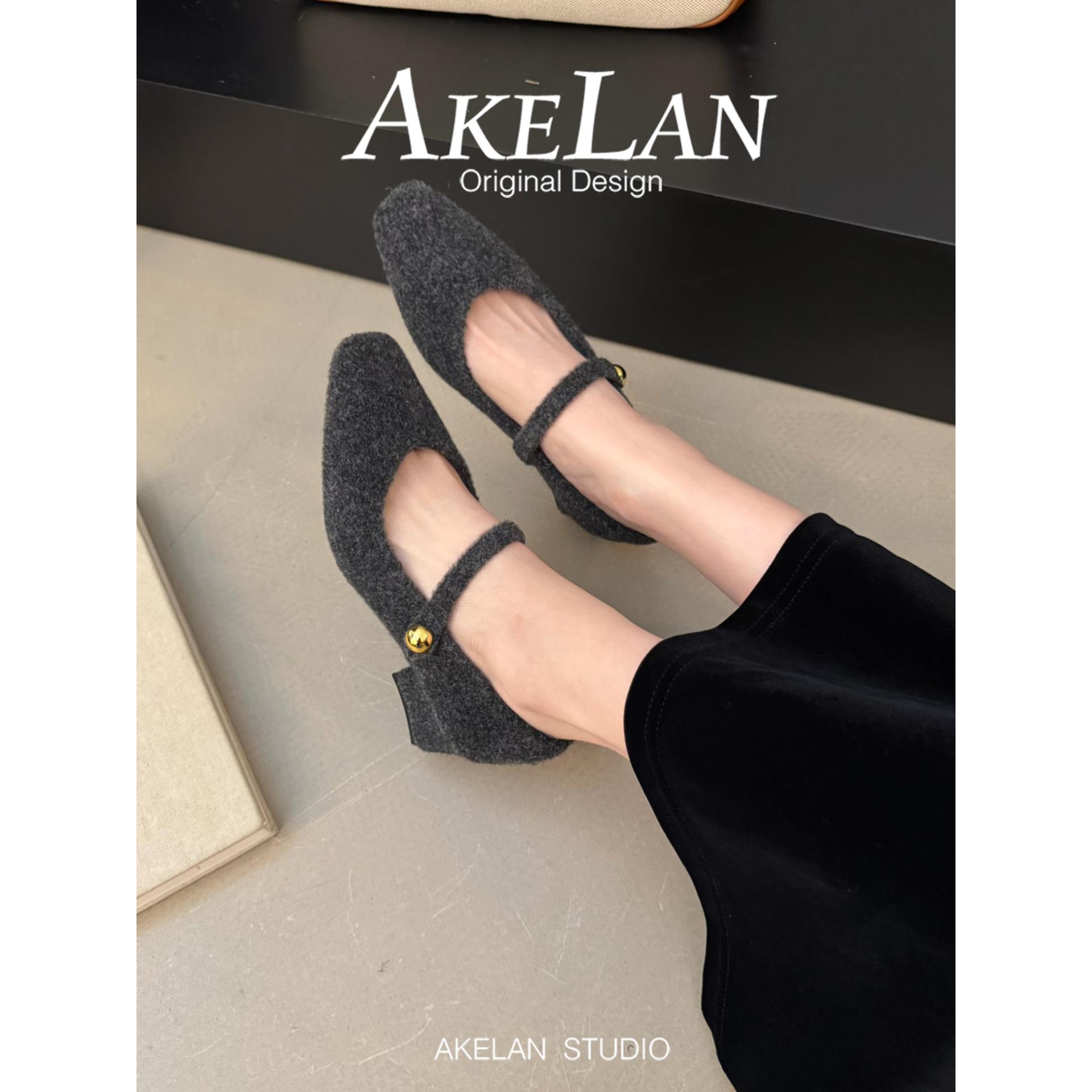 法式复古方头毛毛鞋女秋冬外穿加绒保暖棉鞋子粗跟浅口玛丽珍单鞋