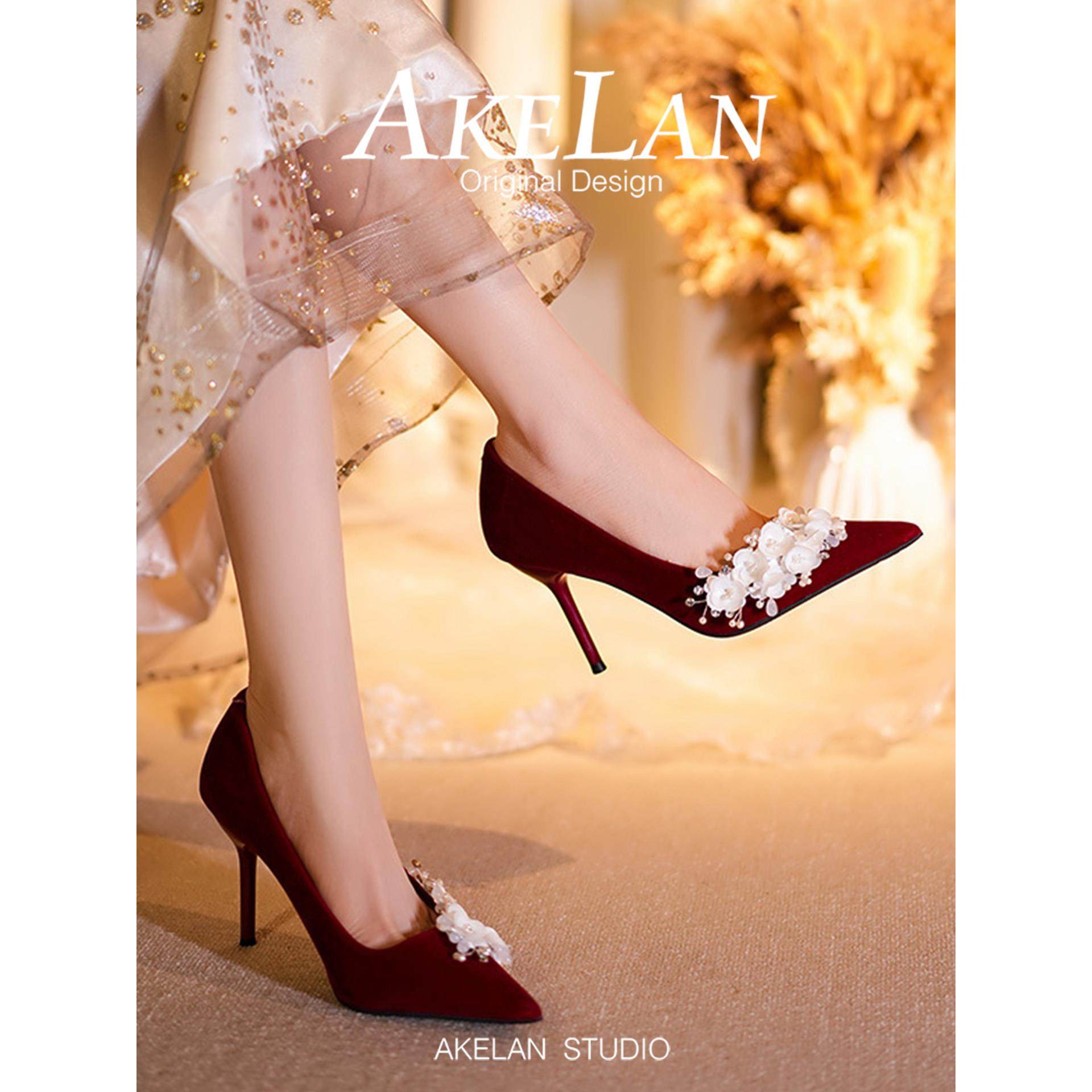 羊皮版~红色秀禾婚鞋女不累脚性感花朵婚纱敬酒鞋尖头细跟高跟鞋,女鞋,婚鞋,淘宝优惠券,粉丝福利购,淘宝优惠卷