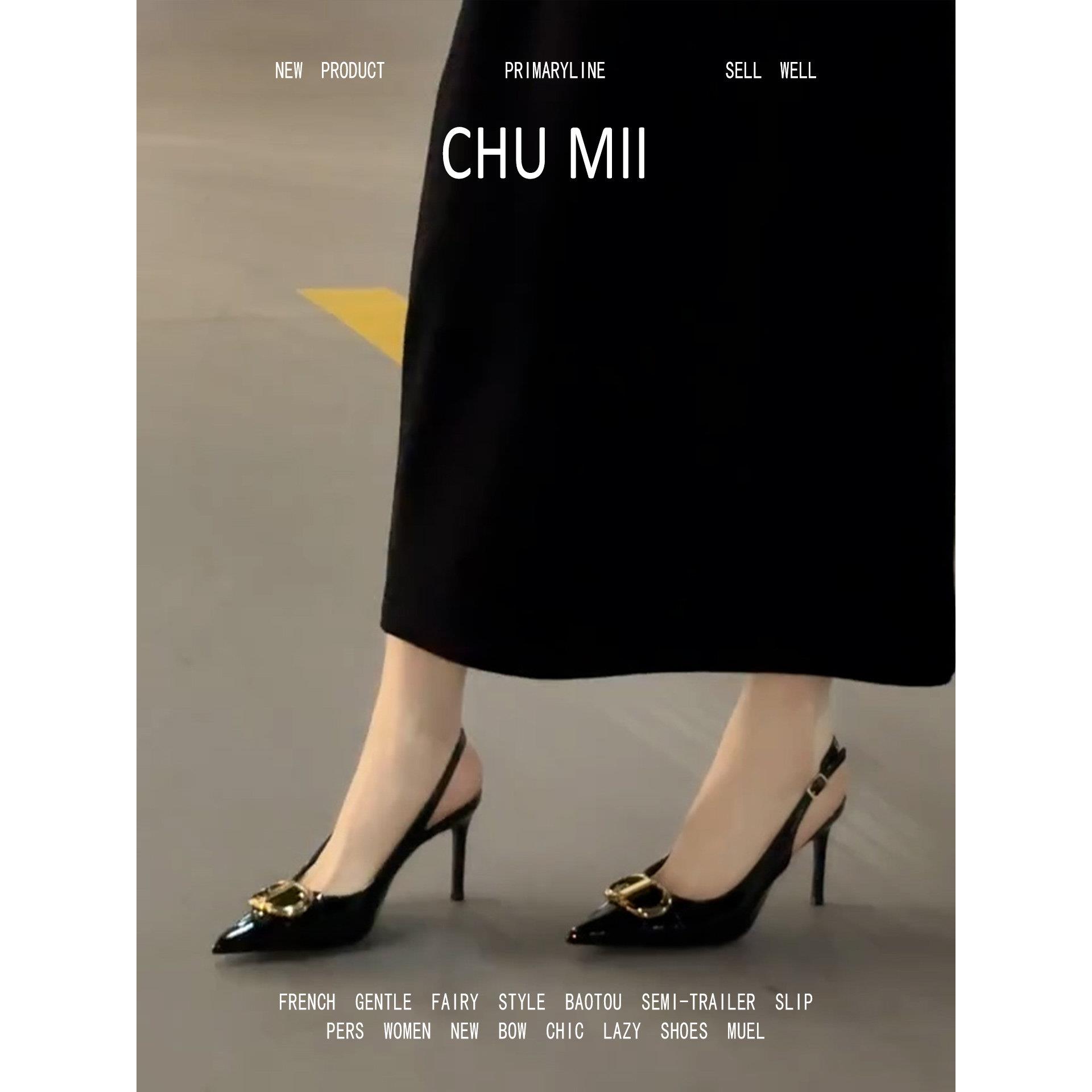 羊皮版！时髦金属扣尖头高跟鞋女气质细跟单鞋配裙子百搭包头凉鞋