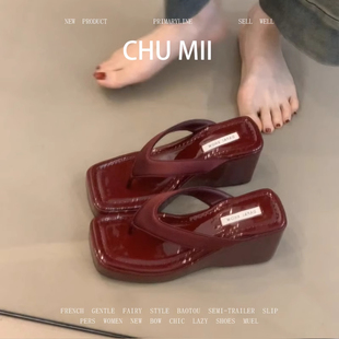 羊皮版~复古红色凉鞋女懒人一脚蹬坡跟凉拖鞋厚底漆皮超高跟鞋