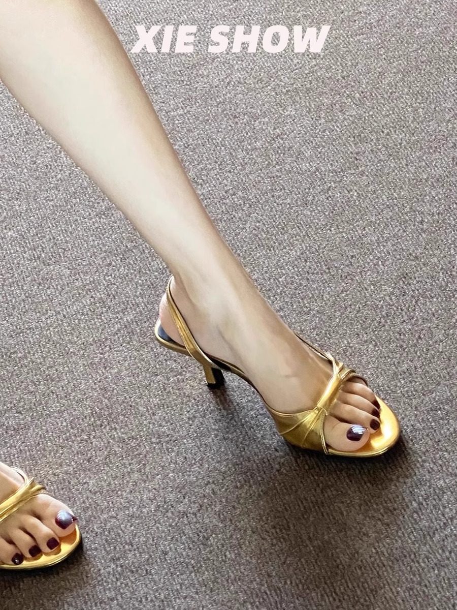 XIESHOW 金色凉鞋女新款法式气质露趾后绊带细跟高跟鞋夏天配裙子