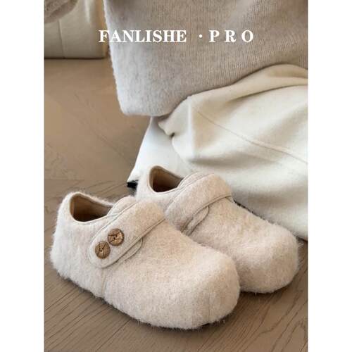 羊皮版！厚底毛毛勃肯鞋女外穿保暖豆豆鞋懒人毛绒单鞋加绒雪地靴