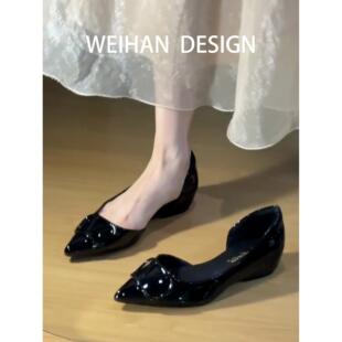 羊皮版！尖头内增高侧空单鞋女一脚蹬气质通勤平底鞋浅口玛丽珍鞋