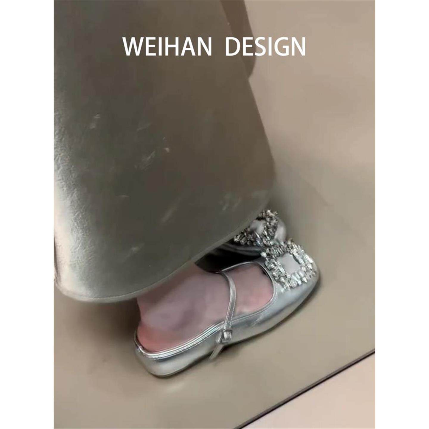羊皮版！法式水钻方扣包头半拖鞋女夏季内增高银色玛丽珍凉拖鞋