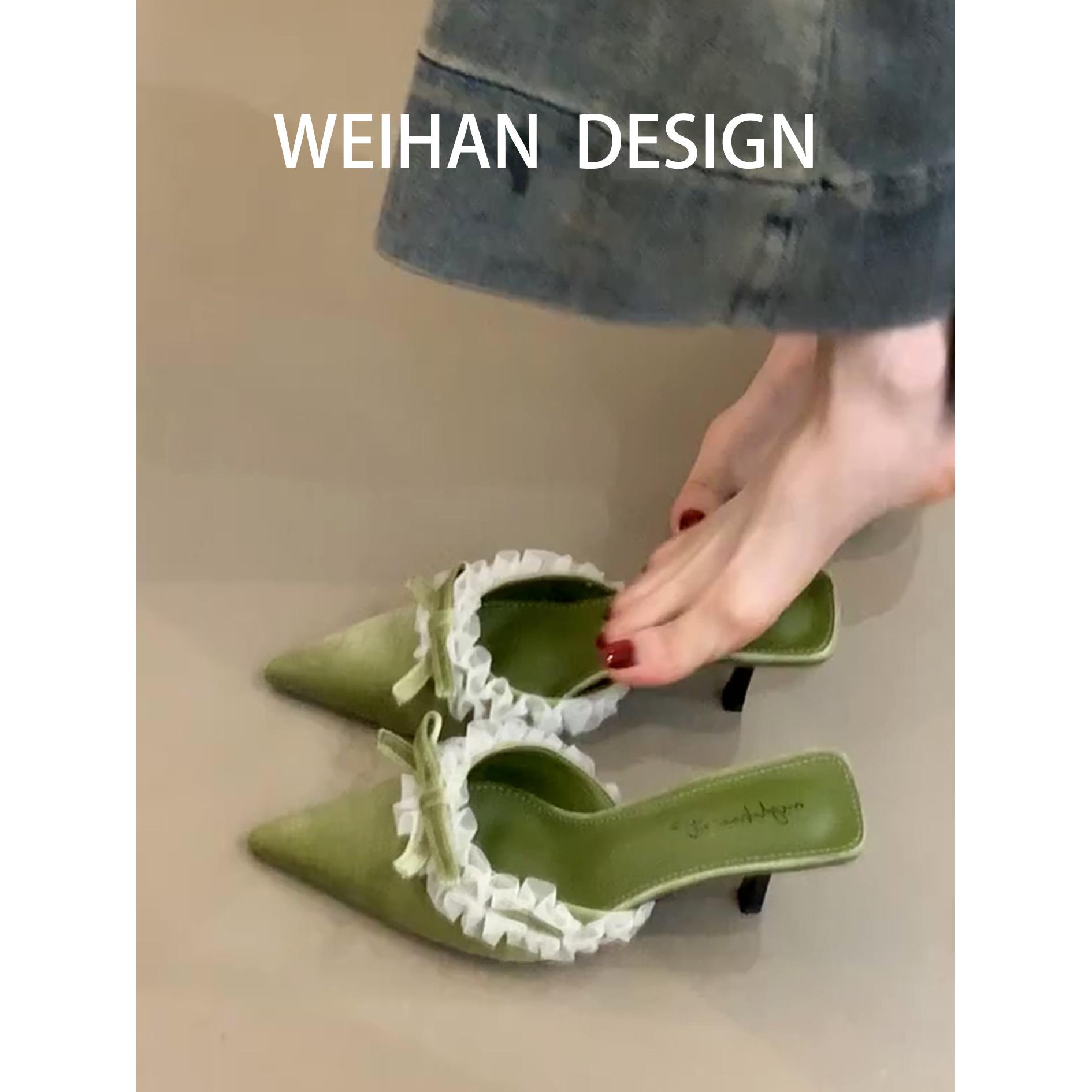 羊皮版!绿色丝绒包头半拖鞋女蕾丝蝴蝶结气质高跟鞋尖头名媛凉拖