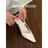 法式 白色配裙子尖头高跟鞋 女细跟单鞋 羊皮版 后空名媛风包头凉鞋