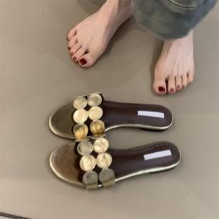 羊皮版 法式 气质平底一字拖鞋 女外穿露趾圆头百搭休闲沙滩凉拖鞋