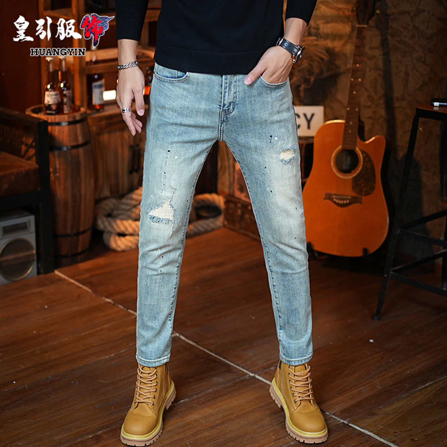 香港高端九分牛仔裤男款秋冬新款潮流破洞修身小脚弹力休闲裤子男