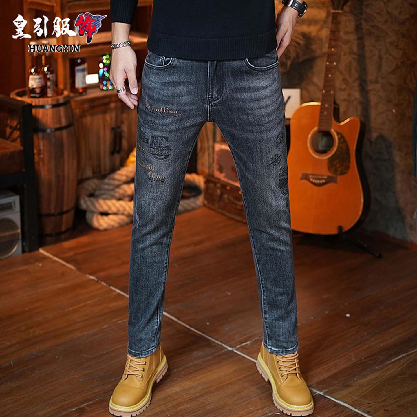 香港高端刺绣牛仔裤男款秋冬新款修身小脚弹力潮牌潮流百搭长裤男