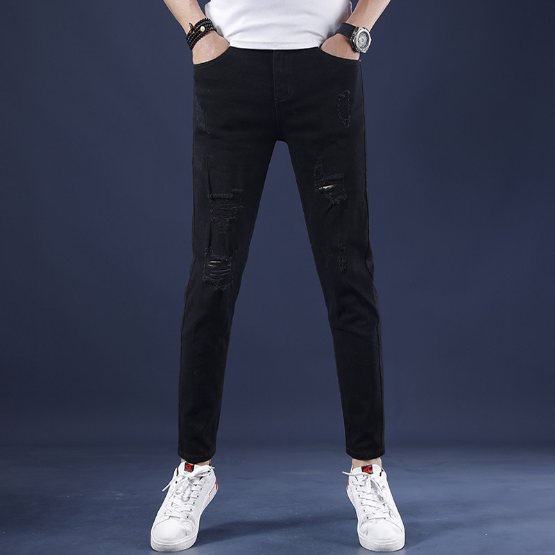 纯黑色破洞九分牛仔裤男2022年新款夏季薄款修身小脚弹力休闲裤子