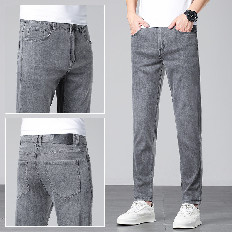 香港高端九分牛仔裤男款冰丝薄款浅灰色潮流修身直筒夏季男士弹力