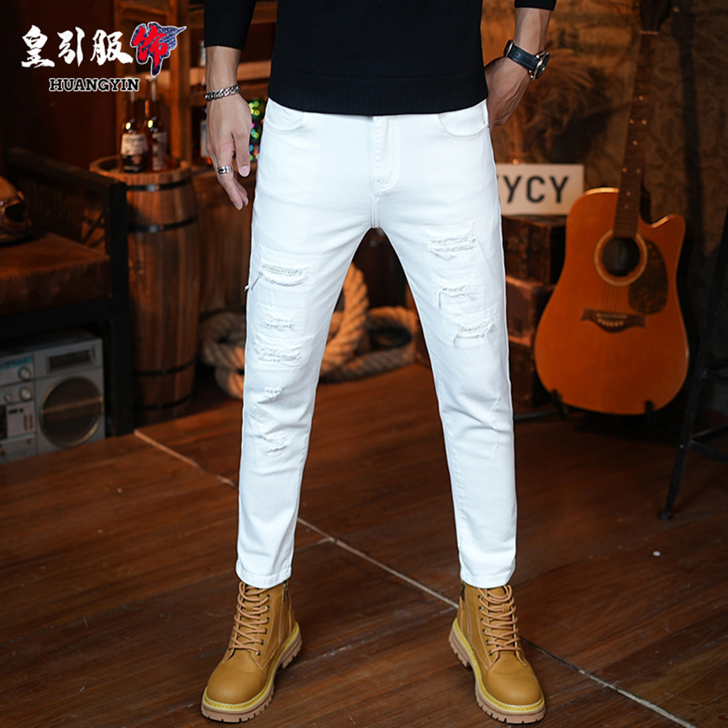 高端破洞九分牛仔裤男款秋冬白色修身小脚弹力补丁潮流百搭裤子男