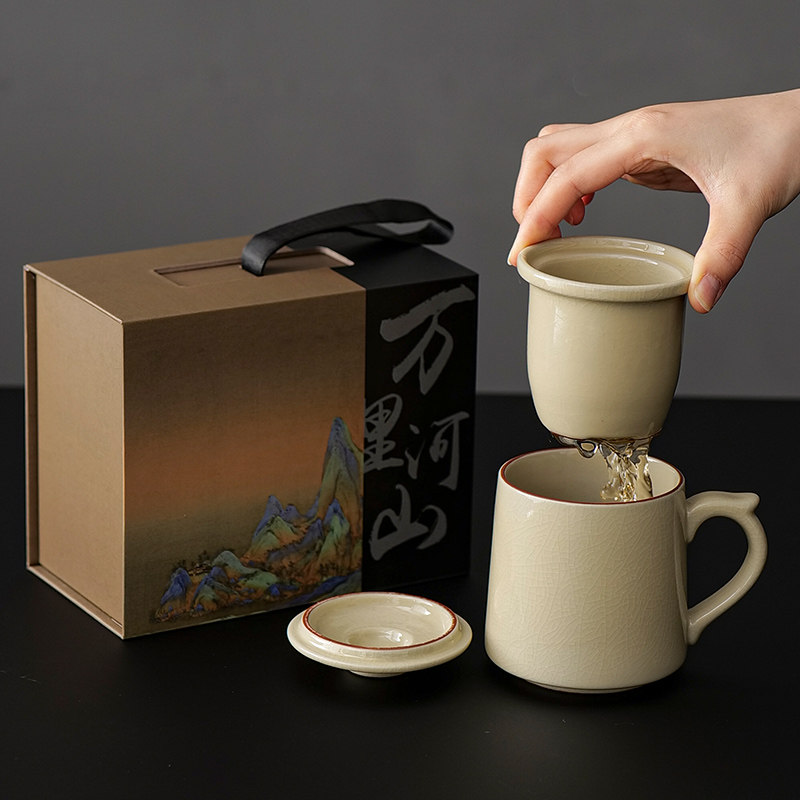 汝窑茶杯个人专用商务水杯办公杯陶瓷哥窑茶水分离杯汝瓷杯子定制