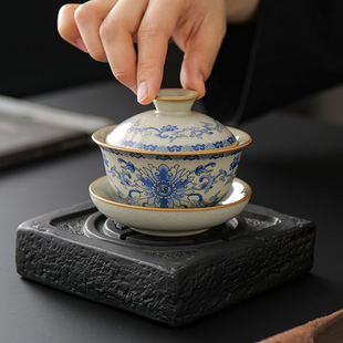 茶具家用茶碗带盖泡茶功夫 米黄汝窑防烫三才盖碗茶杯单个高档套装