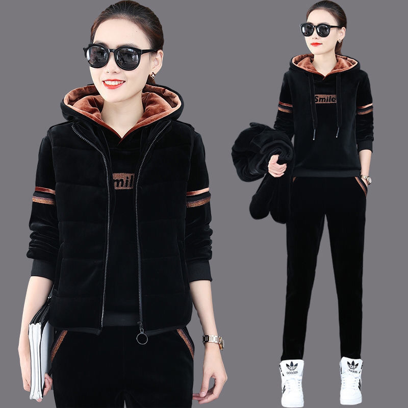 两三件套金丝绒套装女冬季加绒加厚运动服双面绒大码连帽卫衣女黑