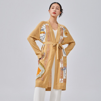 女装秋季针织开衫女印花丝羊毛真丝拼接长款针织衫外套拼接设计