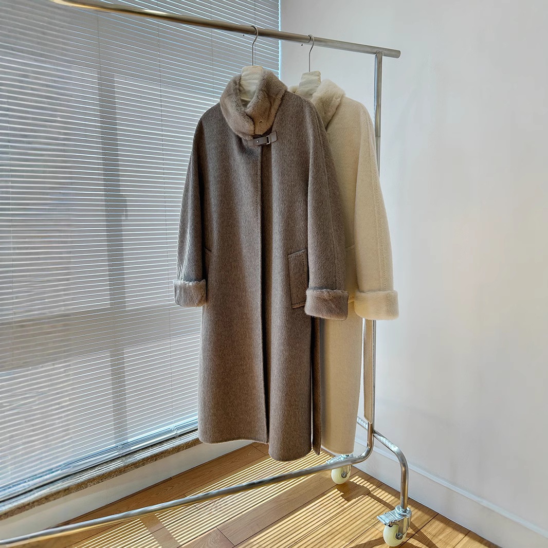 LP高端水貂毛领立领羊驼绒大衣双面羊绒长款羊毛毛呢外套女系腰带