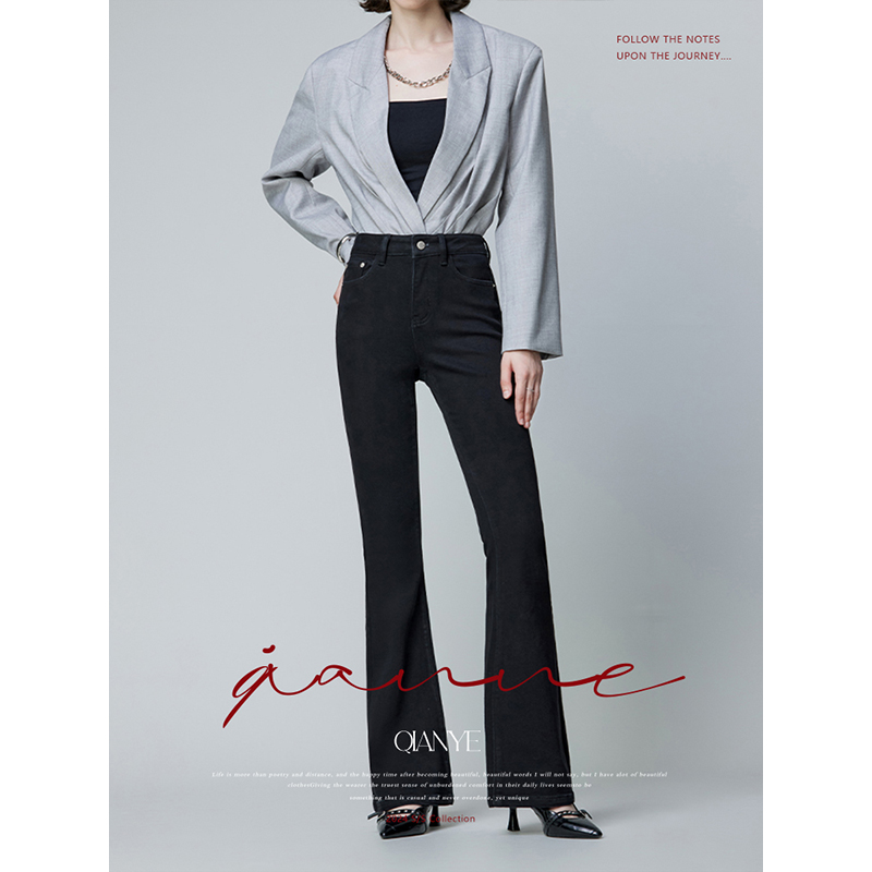 黑色加绒牛仔裤高腰修腿型喇叭裤