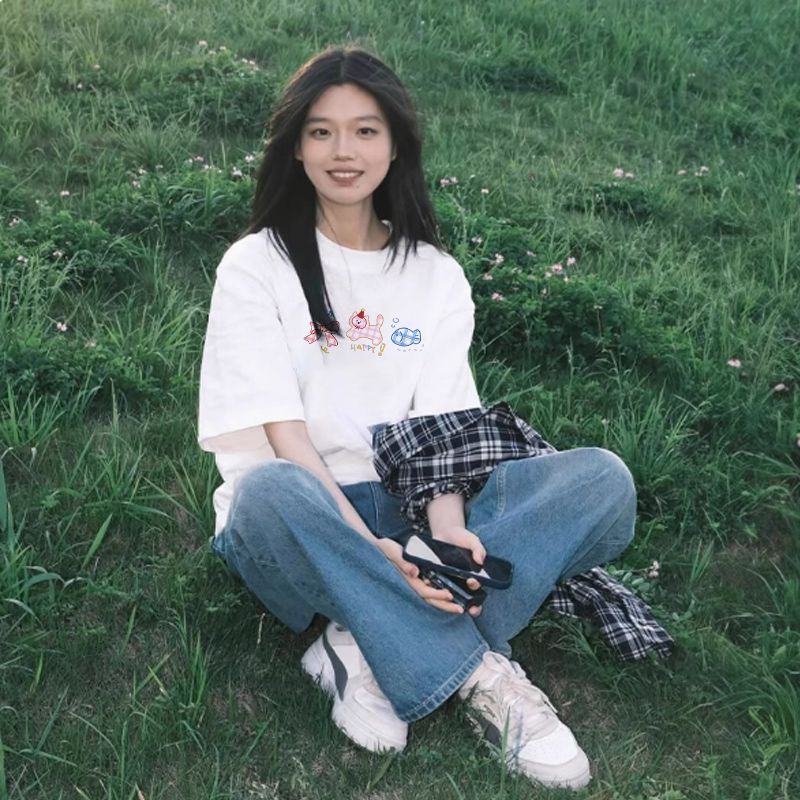 慵懒设计感印花显瘦黑色短袖t恤女新款爆款宽松正肩上衣夏季潮LN