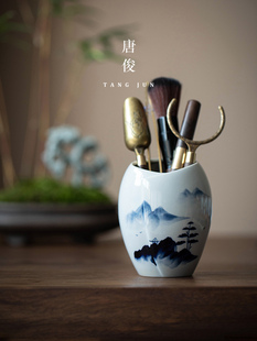 手绘青花瓷茶道六君子套装茶具用品集茶艺配件茶夹茶刀茶匙瓶桶