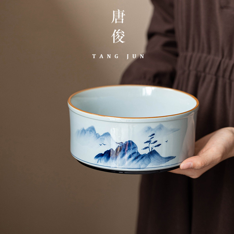 手绘洗茶罐茶碗建水茶渣罐茶具洗茶盆海青花瓷釉下彩大陶瓷