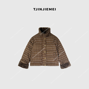 TJ540 设计感格子拼接毛领羽绒服YRF2510 T井姐妹 布拉格