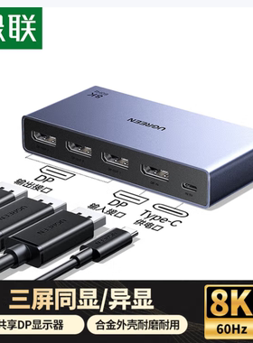 绿联AP700 DP1.4分配器一拖三8K60Hz/4K240Hz超清1进3出同显/异显